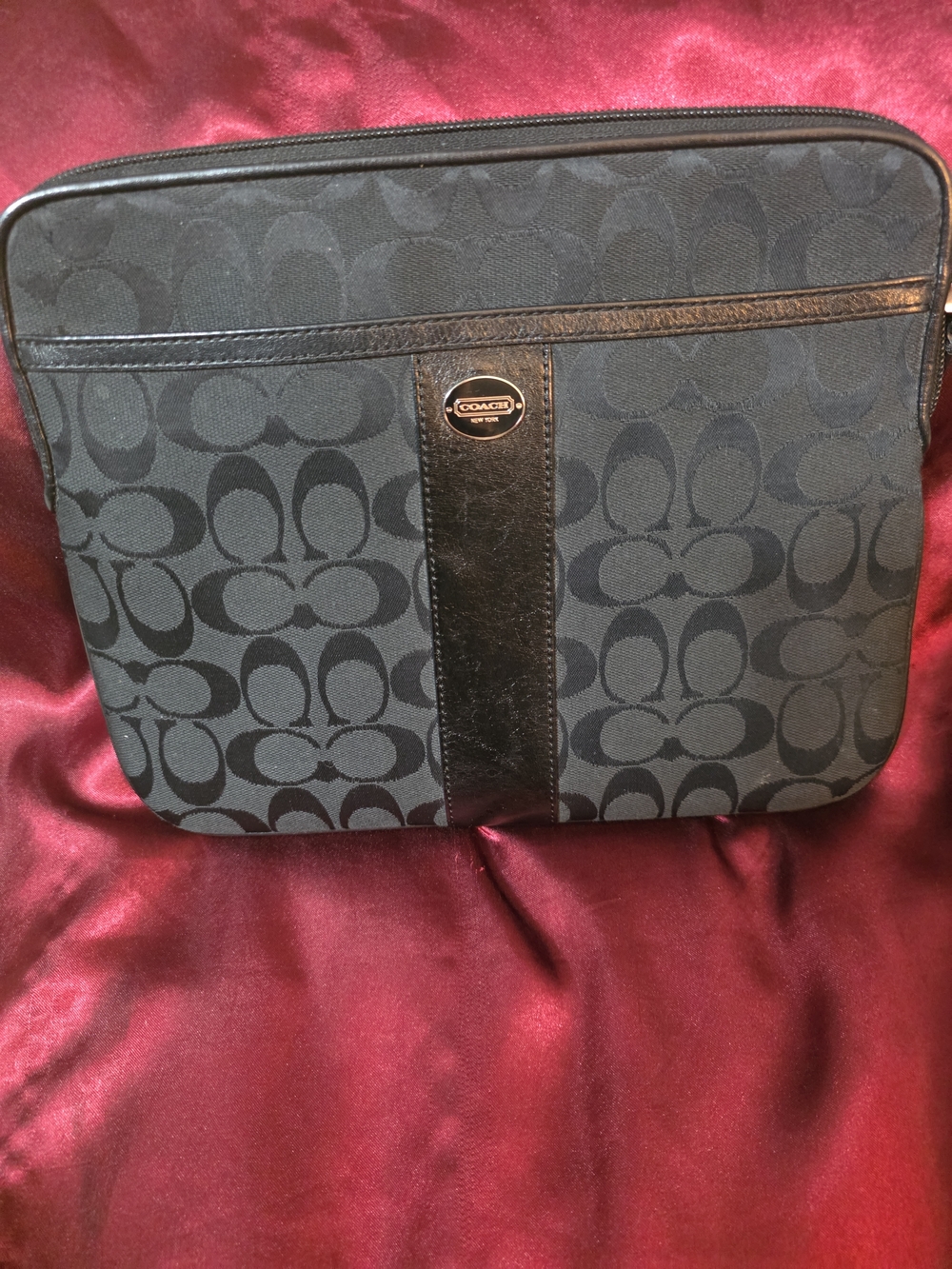 Coach Black Signature Zip Tablet Sleeve with Leather Stripe